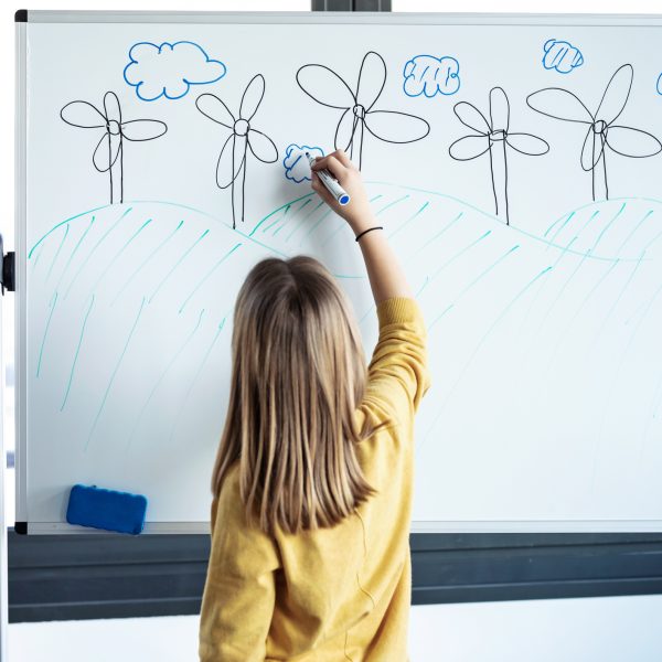Shot of little girl drawing a eolic park on a whiteboard with a marker pen at home.